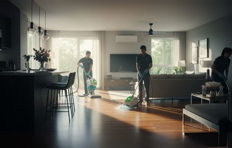Ultra-realistic cinematic interior of a modern Sri Lankan living room being professionally cleaned by Redapple staff. Sparkling floors, sunlight through windows, gleaming countertops, eco-friendly cleaning in progress.