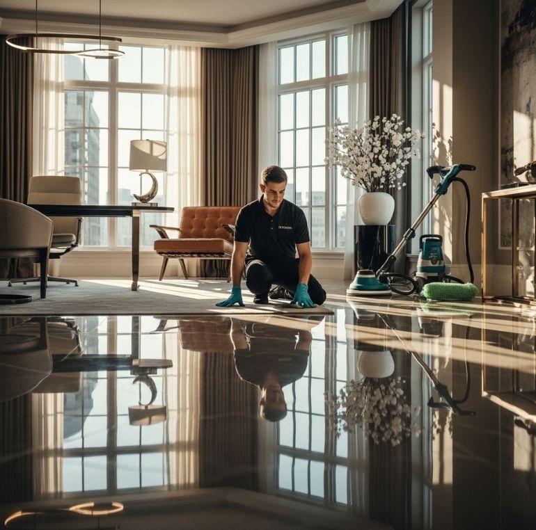 Cinematic ultra-realistic office or home interior showing a professional Redapple cleaner inspecting polished floors and spotless windows with high-detail reflections and warm natural lighting.