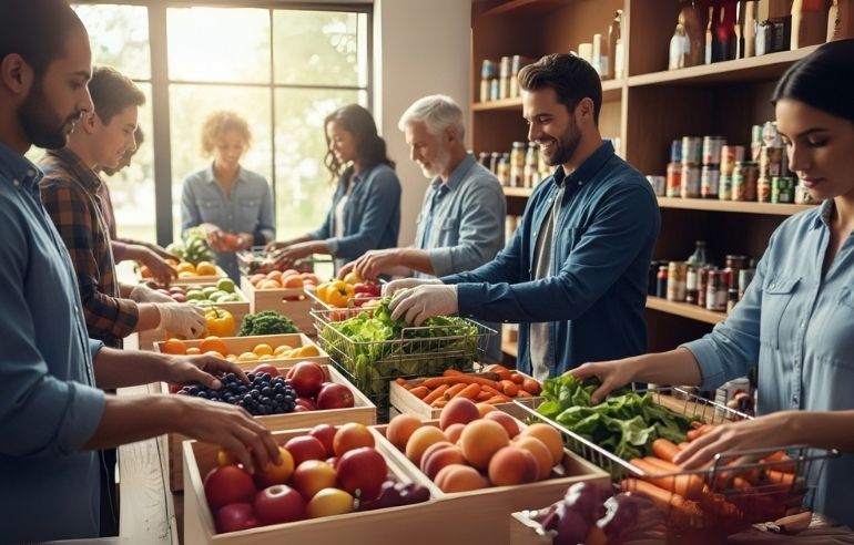 Legendary cinematic image of diverse volunteers at Hopelink sorting fresh produce in a modern community pantry. Sunlight streaming through windows, realistic textures, heartwarming, professional-grade photography style.