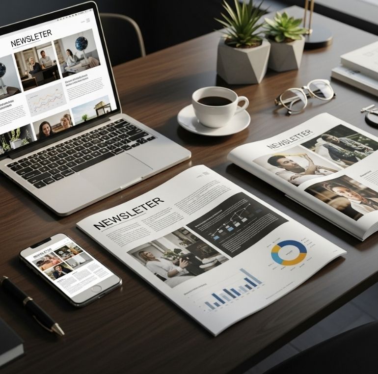 Hyper-realistic cinematic flat-lay of Redapple April 2025 newsletter on a modern designer desk. Laptop, smartphone, coffee cup, charts and graphs, detailed textures, reflective surfaces, luxury editorial workspace vibe.