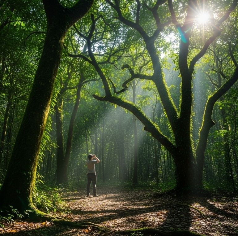 Legendary ultra-realistic cinematic Sri Lankan forest during Earth Day. Lush tropical trees, mossy trunks, sunlight through canopy, subtle mist, person observing nature, highly detailed foliage and professional editorial composition.