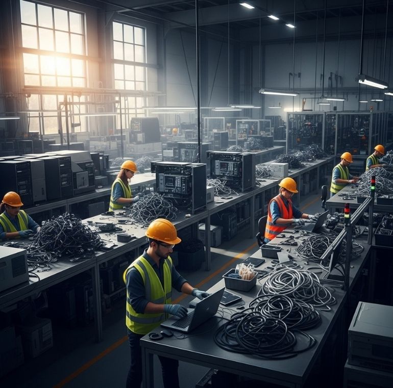 Cinematic ultra-realistic image of a modern e-waste recycling facility in Sri Lanka. Professional staff handling electronics, organized clean space, sunlight streaming, hyper-detailed textures on equipment, sustainable professional-grade scene.