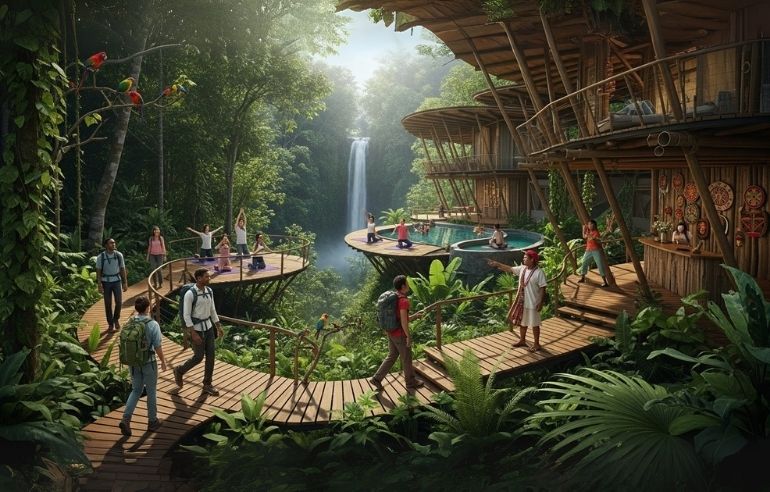 Legendary ultra-realistic cinematic tropical eco-tourism scene. Travelers exploring eco-lodges integrated in lush greenery, hiking, observing wildlife, soft sunlight, detailed textures, immersive luxury eco-friendly environment.