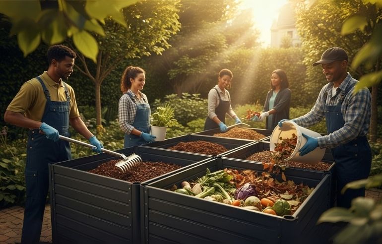 Ultra-realistic cinematic image of modern composting in a Sri Lankan home garden. Professionals and homeowners managing compost bins, sunlight, rich earthy textures, hyper-detailed organic matter, educational and visually captivating eco-friendly scene.