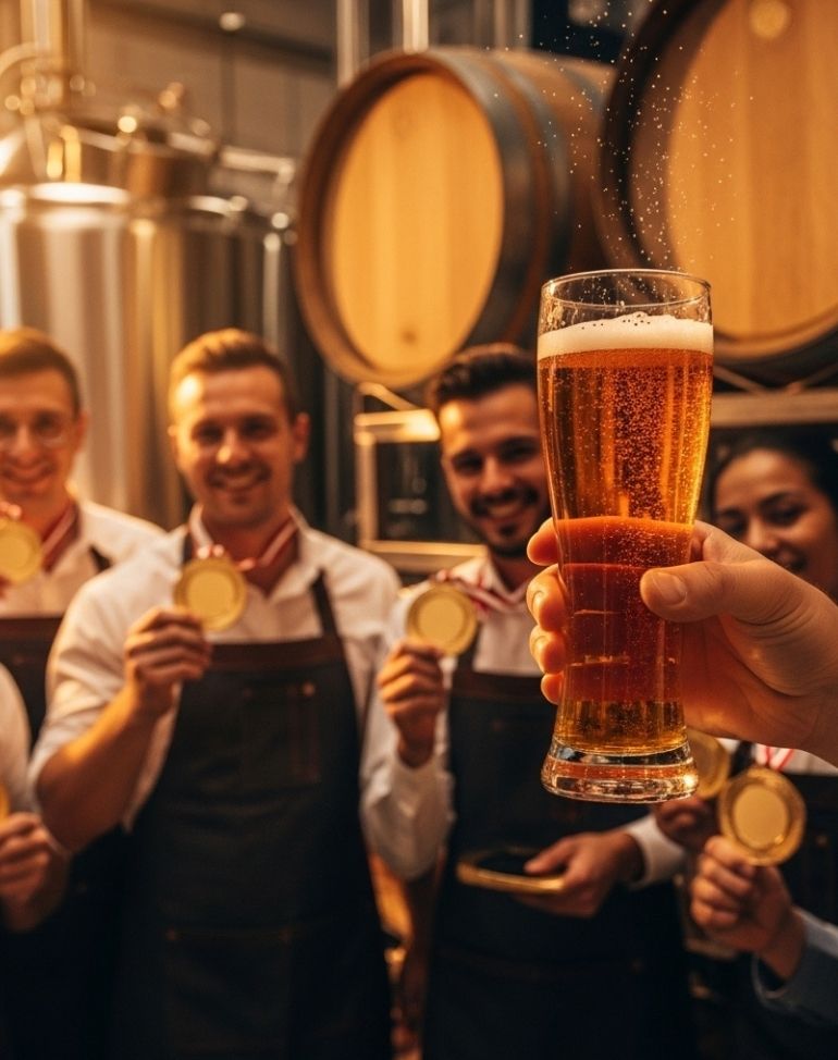 Legendary ultra-realistic cinematic image of Redapple reporting on a modern craft brewery award celebration. Professional brewers with medals, sparkling beer glasses, polished barrels, warm cinematic lighting, high-detail textures, visually stunning festive scene.